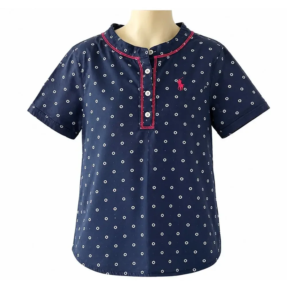U.S. Polo Assn. Girls Navy Polka Dot Short Sleeve Henley Shirt Size 6X EUC